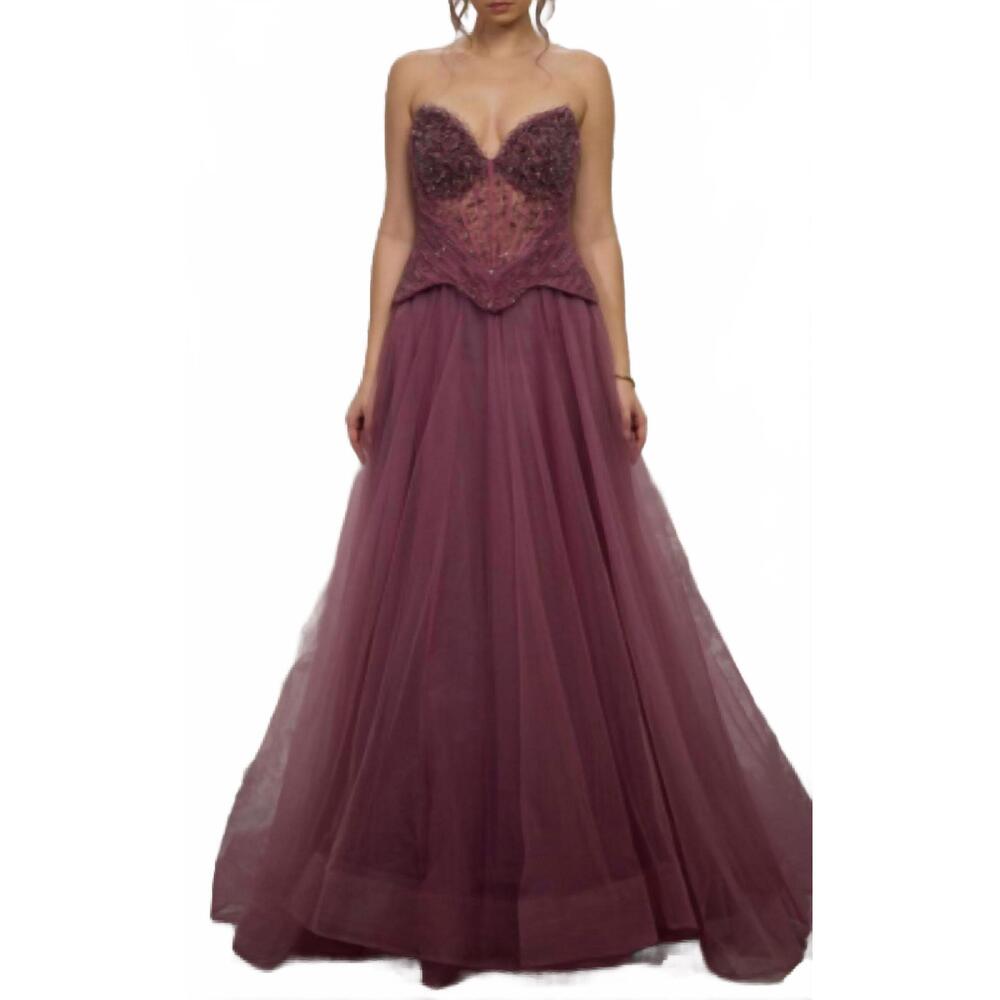 NEW MNM COUTURE beaded sweetheart organza gown in lilac